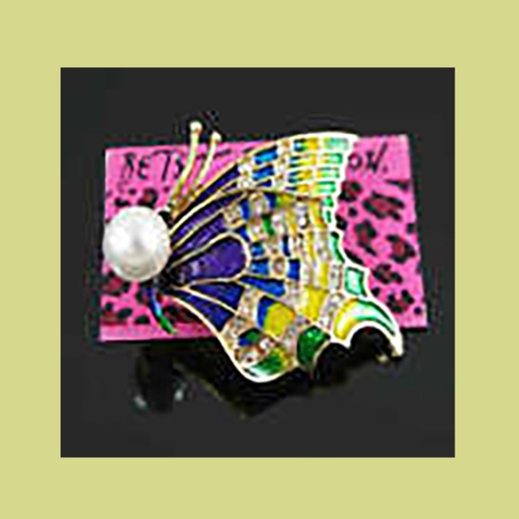 Multicolor Butterfly Brooch/Pin w/Faux Pearl - Picture 2 of 3